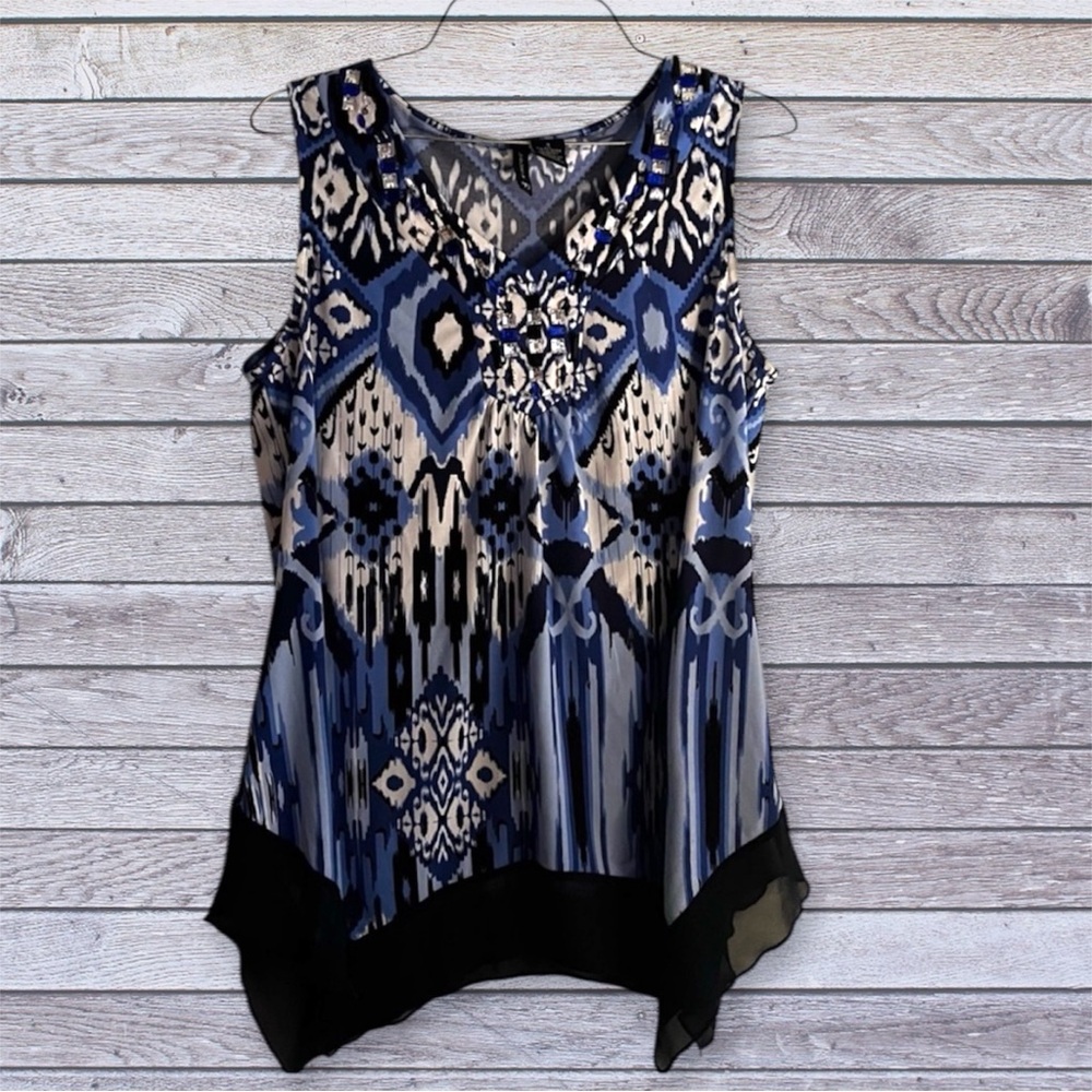 New Directions Blue and Black Patterned Blouse small